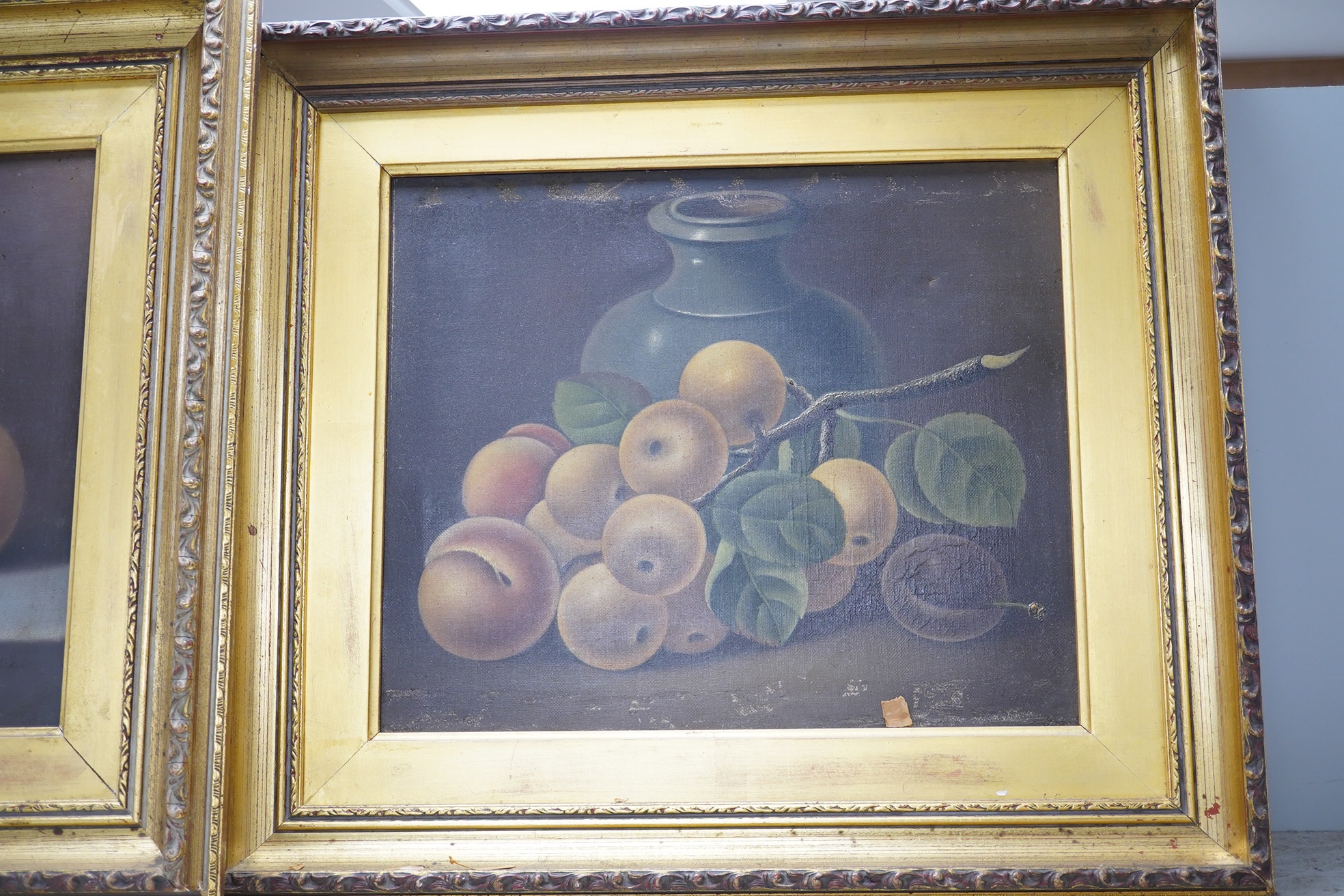 H J Sabela (act. 1905–1907), pair of oils on canvas, Still lifes of fruit, each signed and dated 1902, 25 x 29cm, gilt framed. Condition - poor